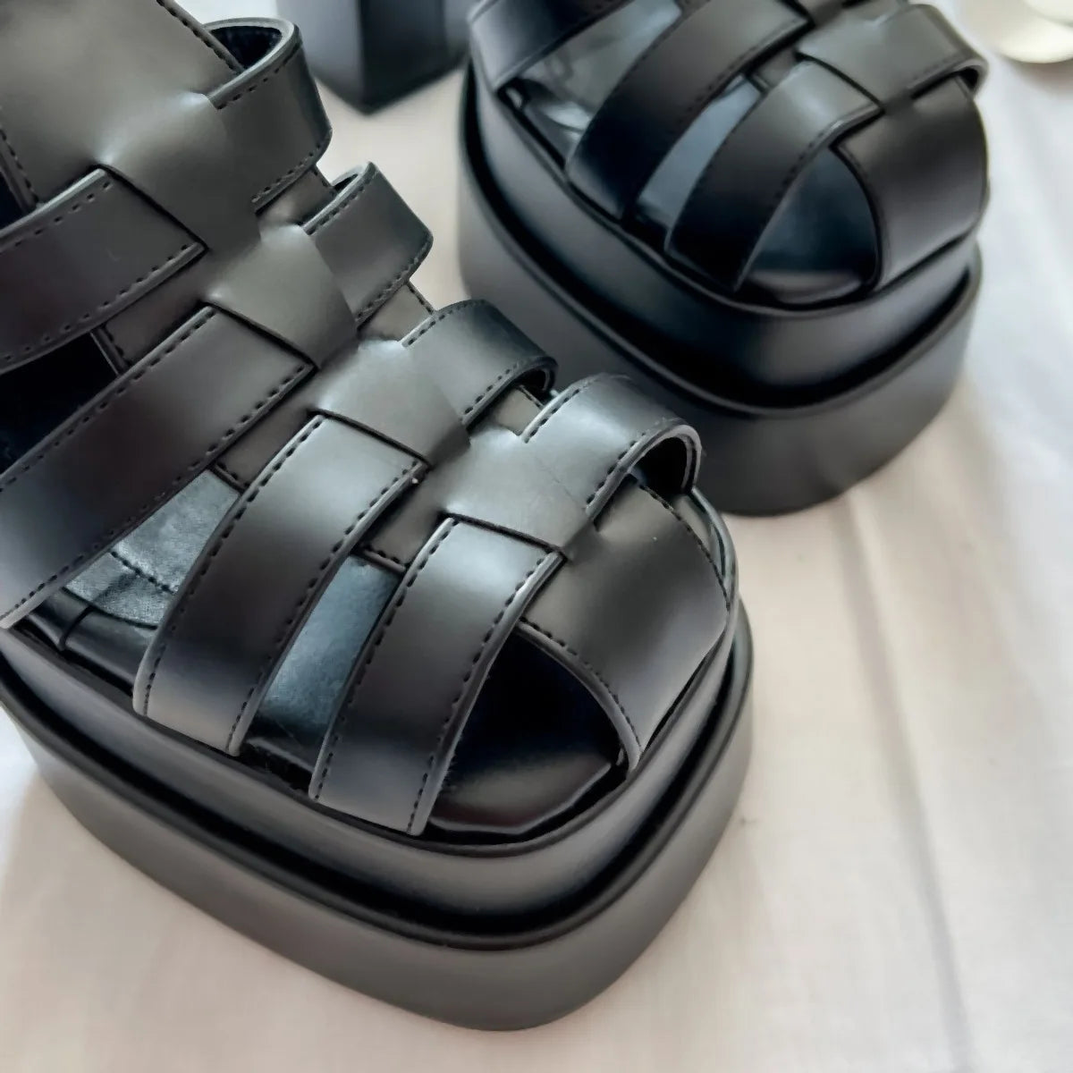 LBSFY  -  Womens Fashion Summer Square Toe T-strap Sandals White Black Pumps High Heels Roman Platform Shoes Wide Heels Women