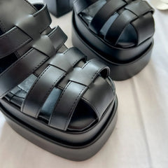 LBSFY  -  Womens Fashion Summer Square Toe T-strap Sandals White Black Pumps High Heels Roman Platform Shoes Wide Heels Women