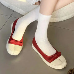 LBSFY  -   Split Toe Shoes Women Black Leather Flats Ballet 2024 New Fashion Bow Red Mary Janes