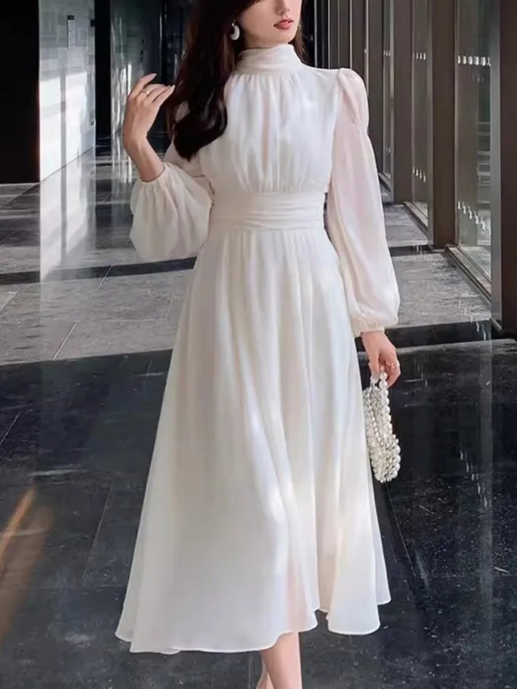 LBSFY -Elegant Long Sleeve Evening Dresses for Women Autumn Slim Lace Up A-Line Party Prom White Dress Autumn French Female Clothes New