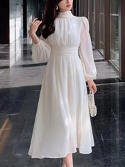 LBSFY -Elegant Long Sleeve Evening Dresses for Women Autumn Slim Lace Up A-Line Party Prom White Dress Autumn French Female Clothes New