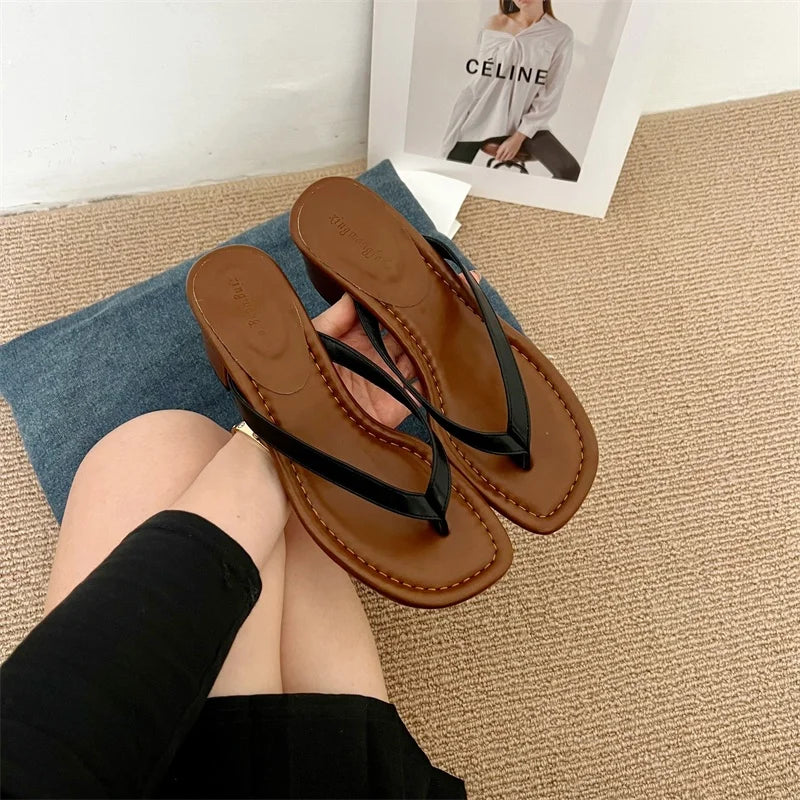 LBSFY  -Round Heels Women Slippers Shoes Vacation Flip flops Summer Beach Female Fashion Shallow Ladies Heels Slides Slippers S