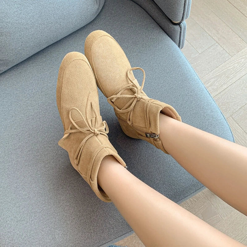 LBSFY  -  Autumn Boots Women Cow Suede Leather Shoes for Women Round Toe Low Heel Women Boots Elegant Narrow Band Short Boots botas mujer