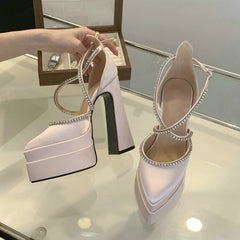 LBSFY  -  Summer 2024 New Fashion Platform Thick Heels Pointed Satin Pumps Women's Single Shoes