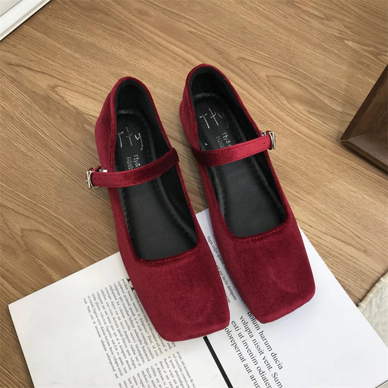 LBSFY -Fashion Women's Velvet Flats Ladies Square Toe Shallow Buckle Casual Ballet Shoes Slip-on Outdoor Mary Jane Shoes