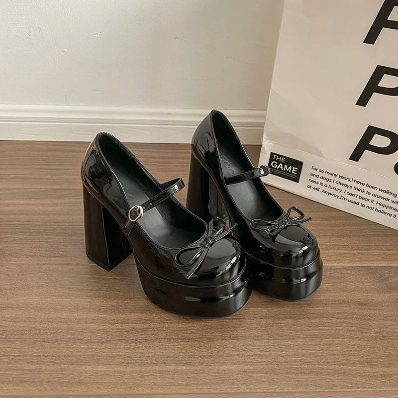 LBSFY -Platform Square High Heel Women's Mary Jane Shoes Fashion Butterfly-knot Shoes Spring Autumn Wedding Party Shoes