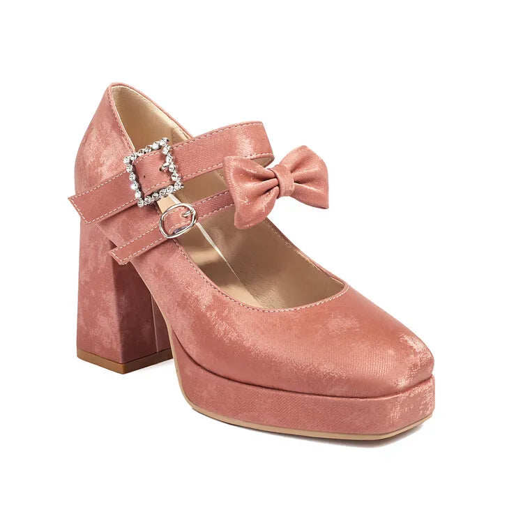 LBSFY  -  2024 Bow Platform Mary Jane Sandals 9cm Thick Heel Square Toe Wedding Sandals Birthday Party Sandals Plus Size Women Shoes 34-48