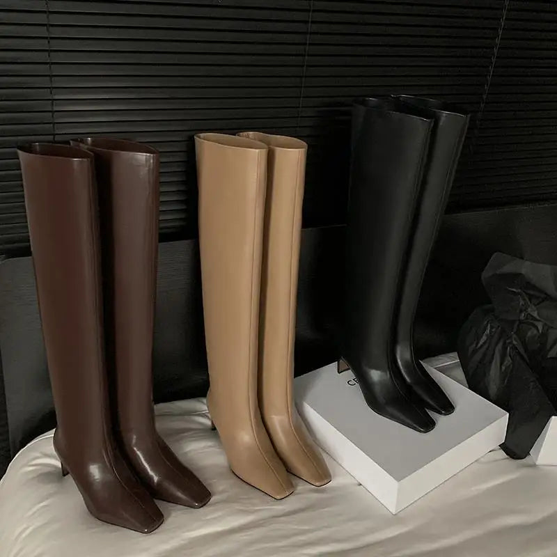 LBSFY  -  2025 New Genuine Leather Boots Women Square Toe High Heels Pleated Knee High Boots Fashion Modern Boots Street Shoes