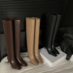LBSFY  -  2025 New Genuine Leather Boots Women Square Toe High Heels Pleated Knee High Boots Fashion Modern Boots Street Shoes