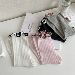 Lbsfy 4 Pairs Women's Lettuce Trim Socks Cute Bow Embroidery Breathable Socks Ankle Length Stacked Socks for Summer Streetwear