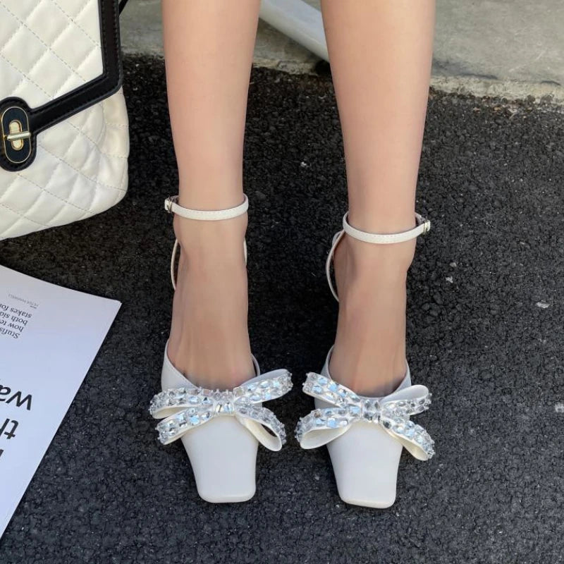 LBSFY  -  Rhinestone Bow High Heeled Sandals Women Ankle Straps Low Heel Slingback Sandals Square Headed Pumps Women Sandalias Mujer