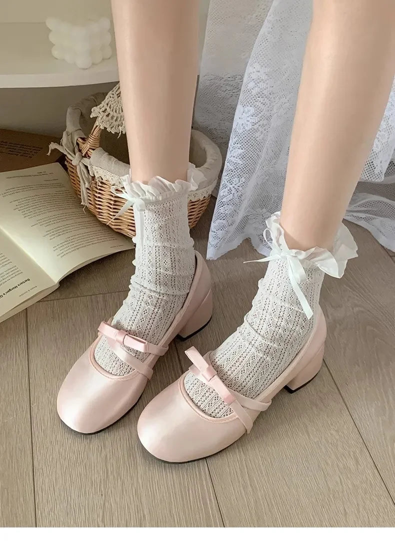 LBSFY -Women Chunky Heel Shoes New  Fashion Bowknot Strap Mid Heels Women Mary Jane Shoes Dress Shallow Mouth Ladies Ballet Shoes