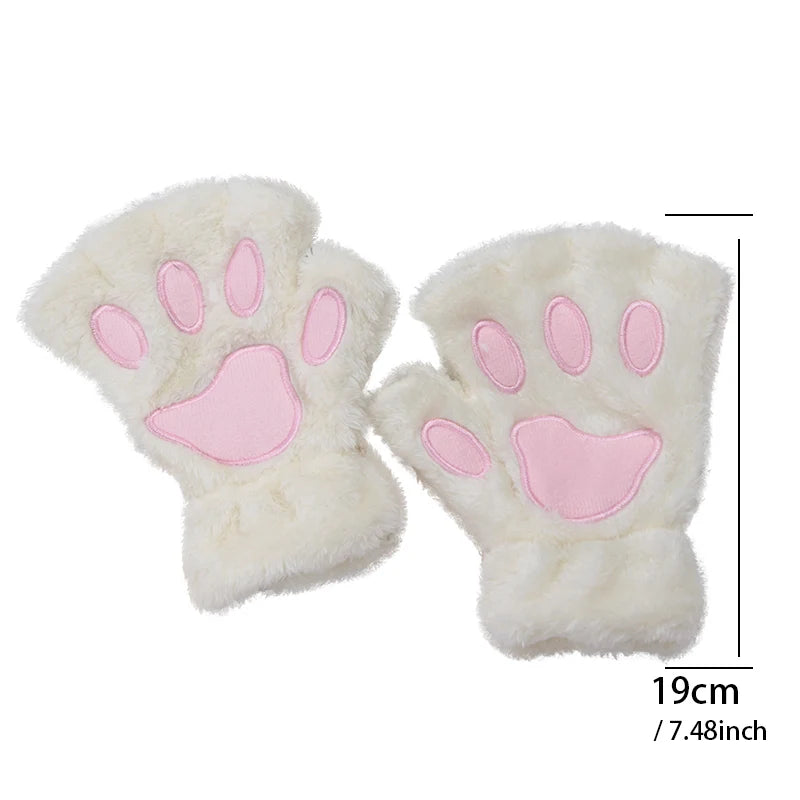 Lbsfy Cartoon Cat Paw Gloves Winter Cute Girl Open Finger Gloves Women Plush Warm Mittens Thickened Fluffy Bear Paw Half Finger Gloves