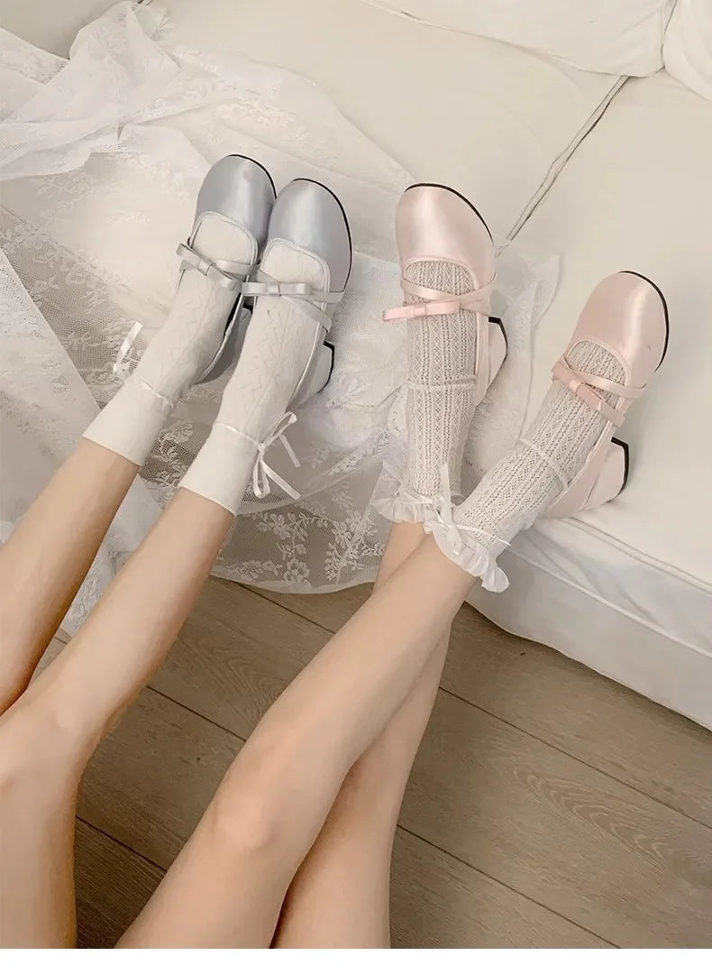 LBSFY -Women Chunky Heel Shoes New  Fashion Bowknot Strap Mid Heels Women Mary Jane Shoes Dress Shallow Mouth Ladies Ballet Shoes