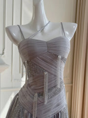 LBSFY -Charming Women's Gray Tulle Midi Dress With Lace Appliques Neckline Sleeveless Party Formal Gown Elegant