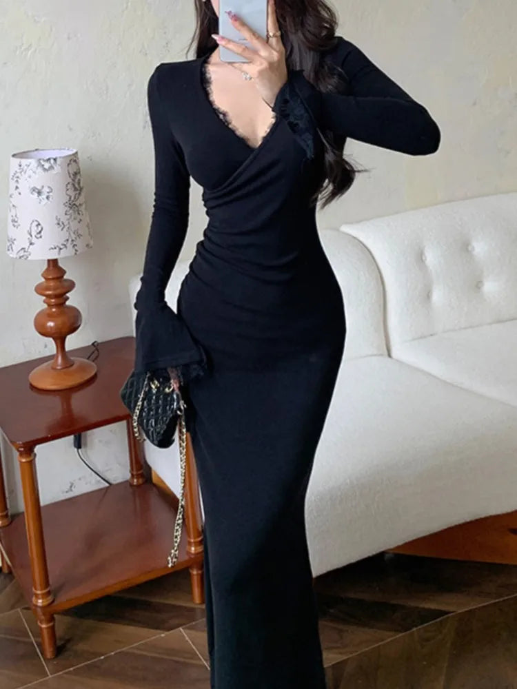 LBSFY -Elegant Black Mermaid Dresses for Women Autumn Winter Lace V-Neck Long Sleeve Party Dress High Waist Slim Fit Vestidos Mujer New