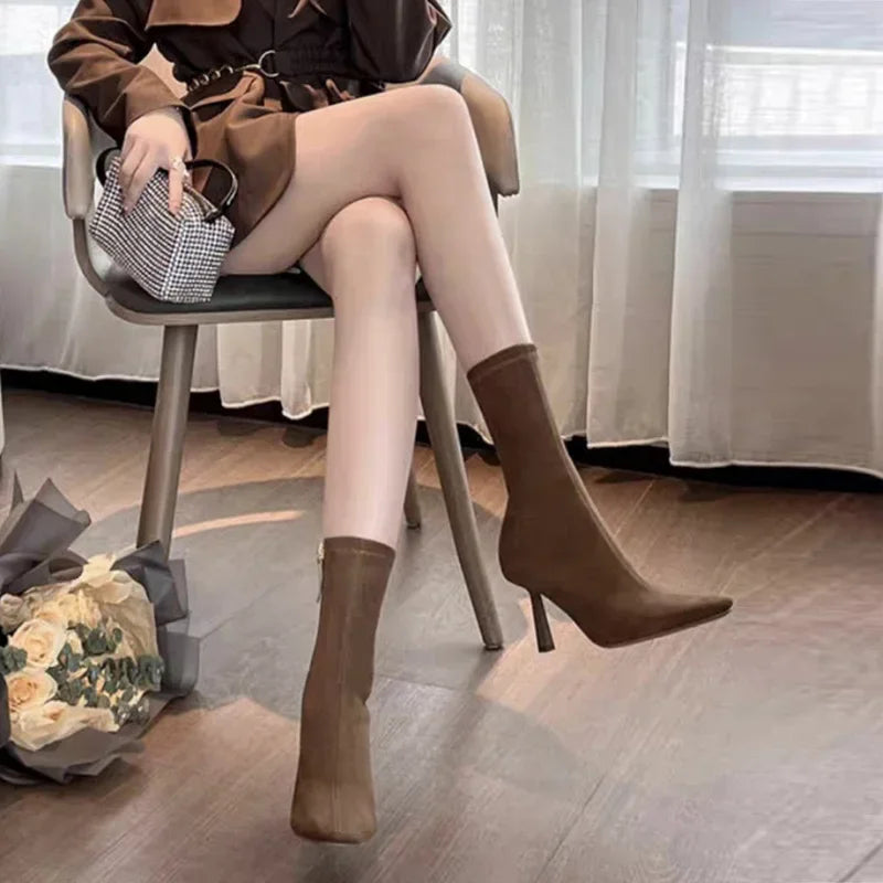 LBSFY  -  Thin High Heel Women Elastic Socks Short Boots Fashion Side Zippers Slim Ankle Booties Retro Style Autumn Winter Ladies Shoes
