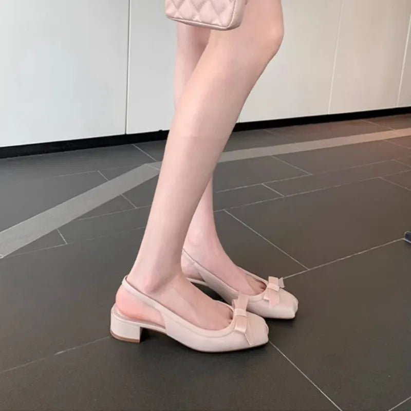 LBSFY  -  New Women Bowknot Sandals Mary Jane Shoes for Woman Shallow Mid Heels Ladies Closed Toe Slingbacks Office Pumps Zapatos De Mujer