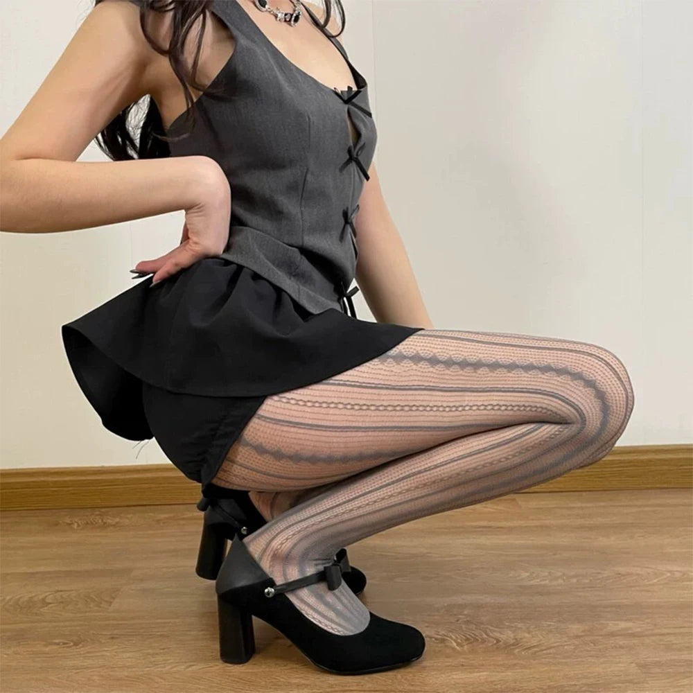 Lbsfy Women Sexy Lace Fishnet Pantyhose Lolita Style Hollow Out Design Red Silk Stockings JK High Waist Striped Tights Christmas Gifts