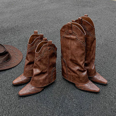 LBSFY  -  Retro Pointy Western Cowhide Leather Boots Women's New Brown Riveted Pant Boots All Match Chunky Heel Thigh-high Tide Boot
