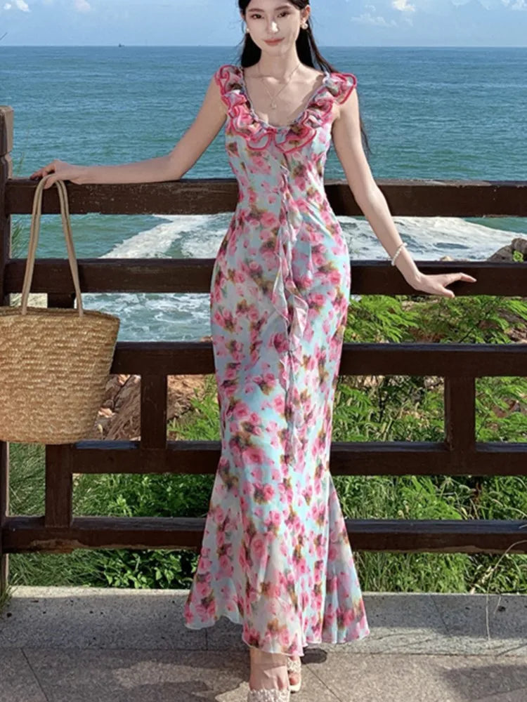 LBSFY -French Print Ruffles Princess Romantic Fairy Women's Dresses V-Neck Sleeeless Slim Waist Length Dress Beach Vacation Summer 2025