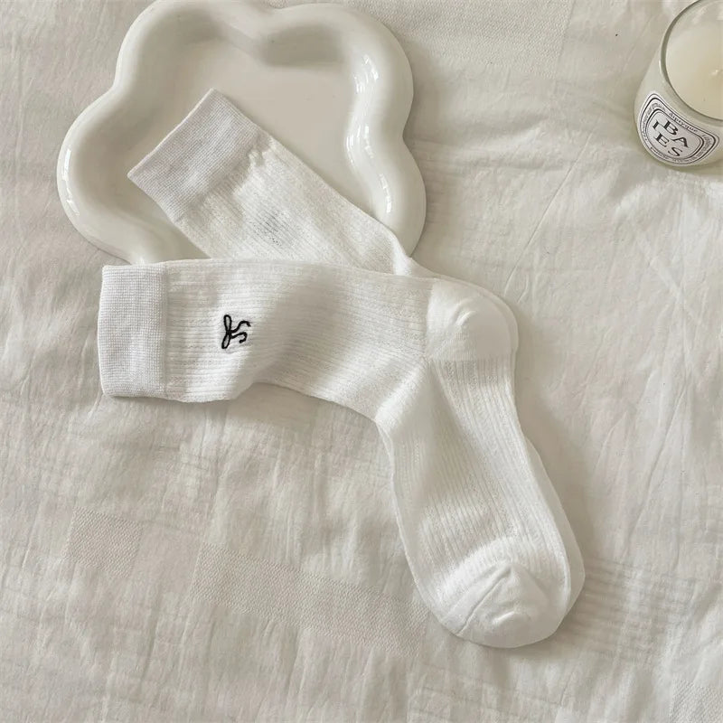 Lbsfy Women's Socks Mid-tube Spring Summer White Thin JK Solid Colors Harajuku Fashion Kawaii Girls Ballet Hollowed-out Bow Socks