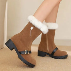 LBSFY  -  2024 New Round Headed Artificial Suede Short Plush Boots  Metal Buckles Decorative Side Zippers Winter Women's Ankle Boots 35-43