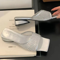 Lbsfy Summer NEW Mesh Breathable Slippers Women Rhinestone Square Toe Slides Female Footwear Fashion Sandals Ladies Zapatos De Mujer