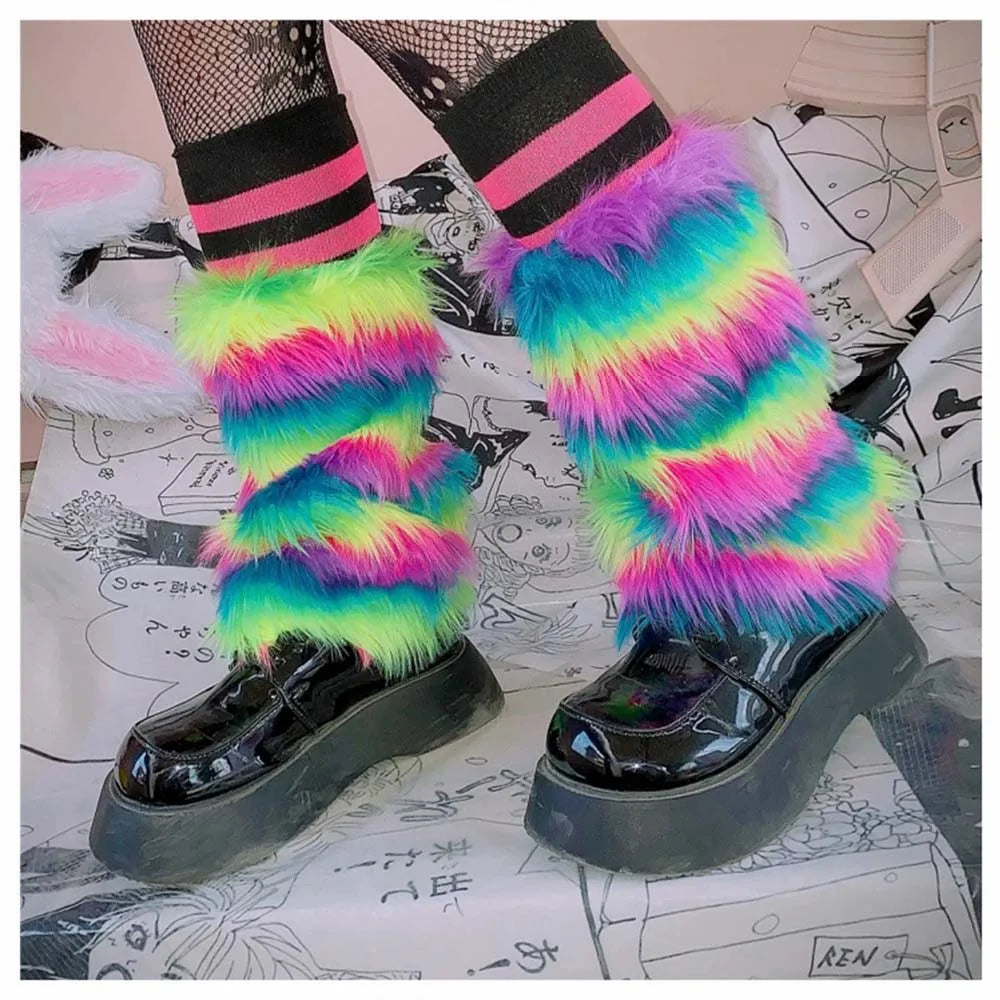 Lbsfy E-girl Furry Leg Warmers Boot Covers Y2K Goth White Faux Fur Leg Warmers Punk Jk Knee-length Hiphop Warm Sock Fashion Socks
