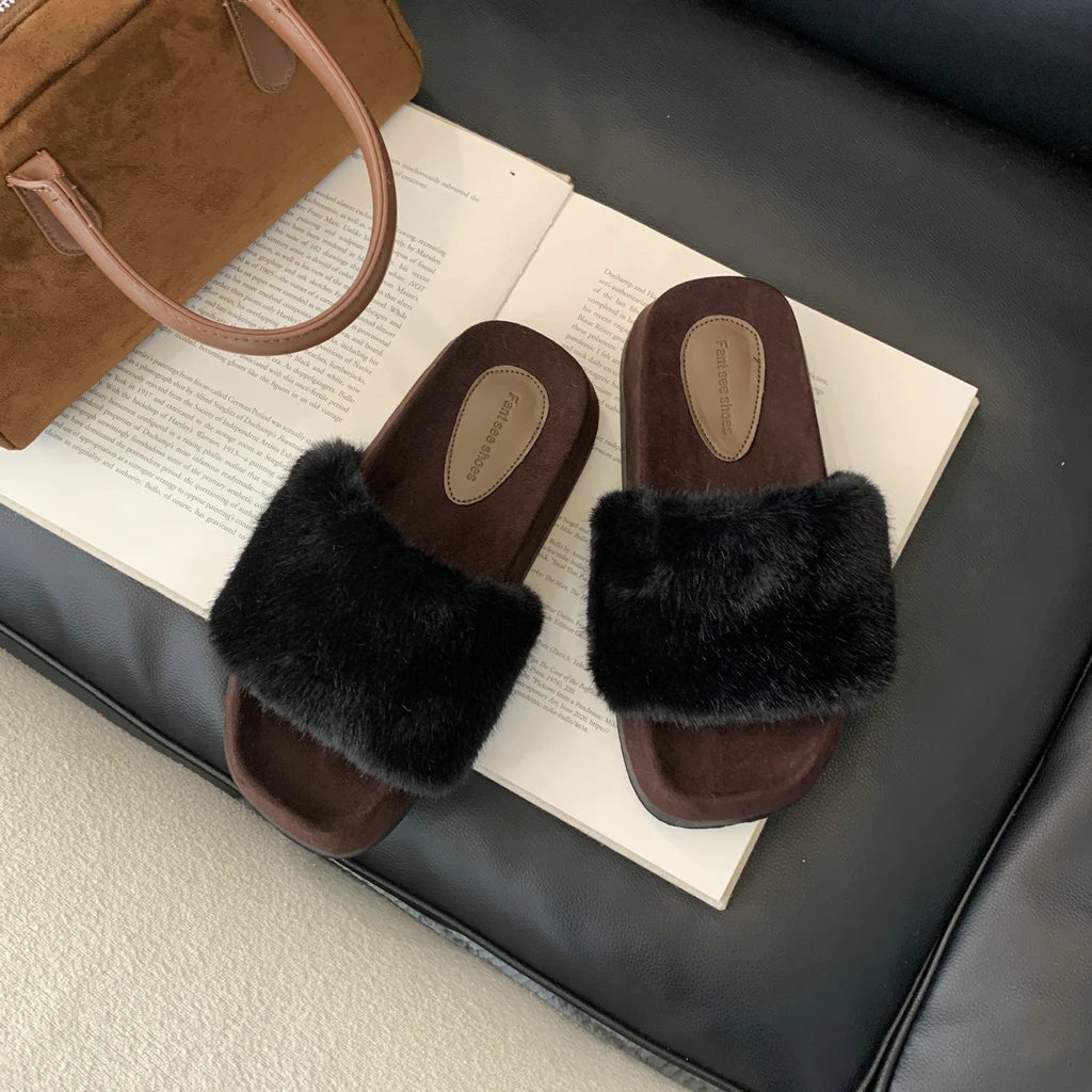 LBSFY  -  Leopard Platform Women Slippers Fashion Fur Square Toe Shoes Designer Autumn Sandals Trend Walking Chaussures Femme