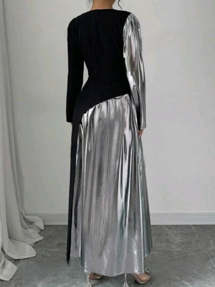 LBSFY  -  Women's Fashion Metallic Color Patchwork Maxi Dress Chic O-neck Long Sleeve Slim High Waist Vestido 2024 Female New Party Robes