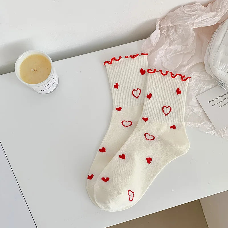 Lbsfy Women Socks Cotton Cute Rabbit Cherry Love Print Striped Ruffle Female Cartoon Animal Embroidery Stockings White Student Socks