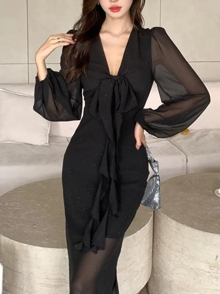 LBSFY -Autumn Solid Bodycon Evening Dresses for Women Elegant V-Neck Ruffles Lace-up Patchwork Long Sleeves Party Dress Female Clothes