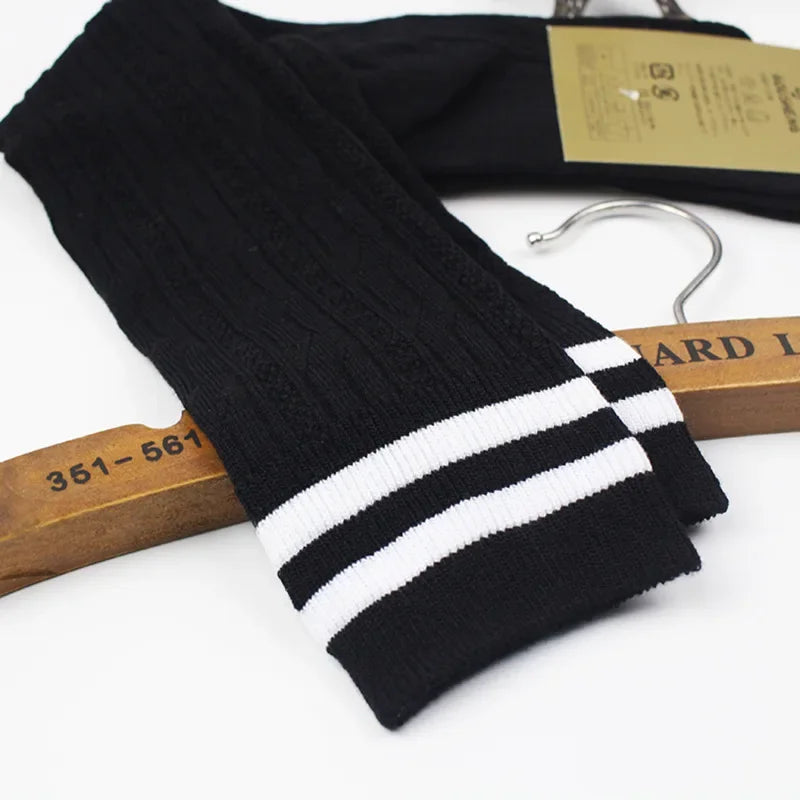 Lbsfy Women Striped Cotton Long Socks Japanese JK Black White Knee High Stockings Students Girls Solid Color Long Tube Leg Warm Socks