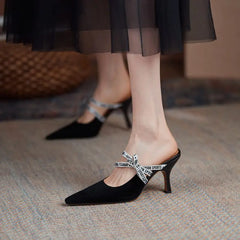 LBSFY  -  2024 New Suede Leather Women Slippers Pointed Toe Stiletto High Heels Summer Party Wedding Shoes Fashion Footwear Mules