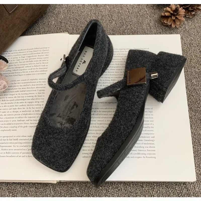 LBSFY -Spring Autumn Women's Luxury Party Shoes Medium Heel Retro Square Toe Velvet Mary Jane Shoes Flat Square Buckle Single Loafers