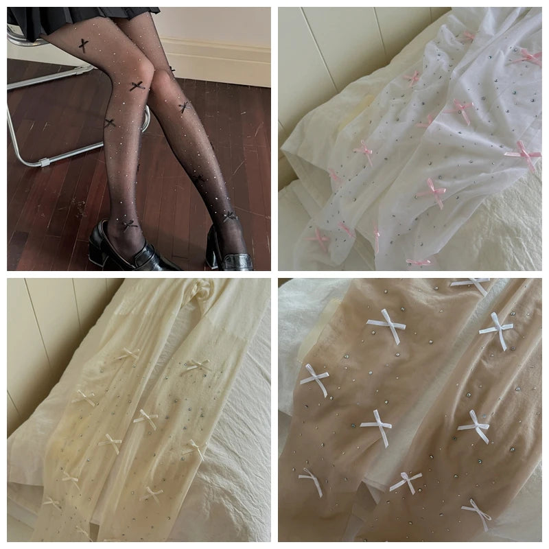 Lbsfy Sweet Pink Bowknot Students JK Pantyhose Lolita Style Cute Tights Women Sexy Shiny Rhinestones Mesh Fishnet Thigh High Stockings