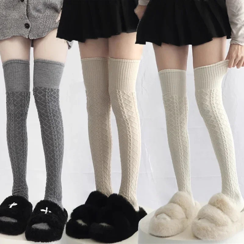 Lbsfy Wool Socks Woman Autumn/Winter Solid Color Thigh High Medias Lolita Thick Warm Stockings Black White Long Leg Socks for Female