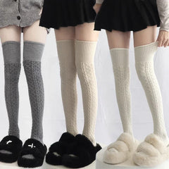 Lbsfy Wool Socks Woman Autumn/Winter Solid Color Thigh High Medias Lolita Thick Warm Stockings Black White Long Leg Socks for Female