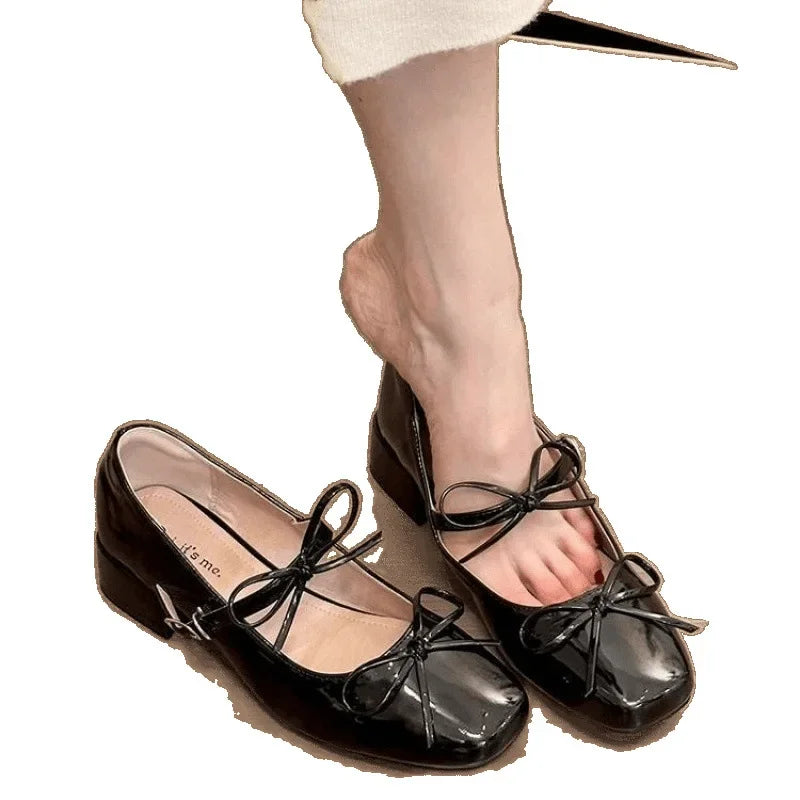 LBSFY -French Butterfly Knot Silver Slip-On Women's Shoes Retro Fairy Ballet Thick Heel Mary Jane Small Leather Shoes Spring Autumn