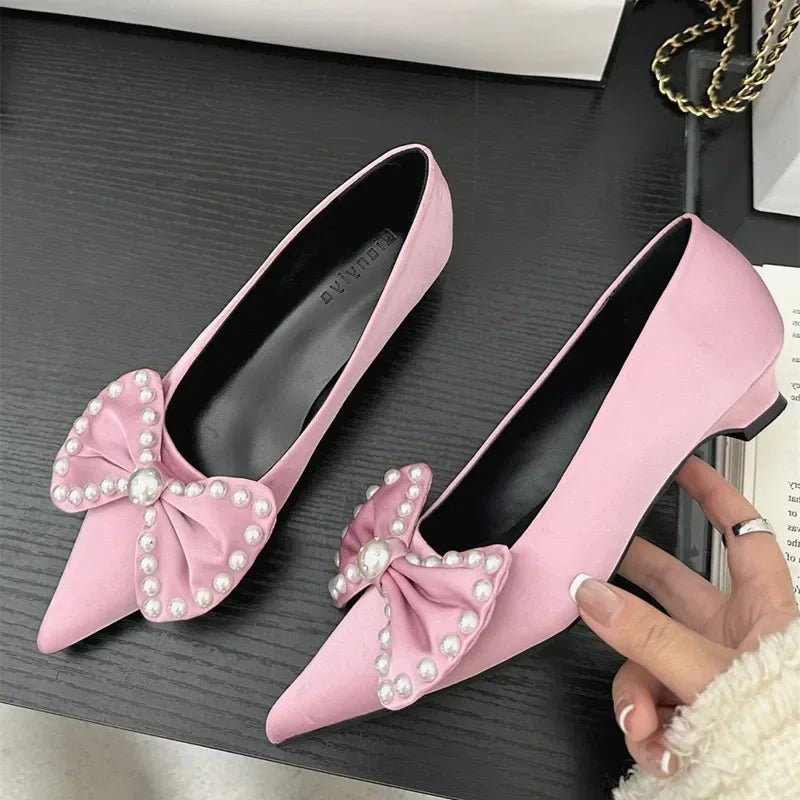 Lbsfy Bowknot Elegant Office Women Shoes Shallow Fashion Satin Pearl Low Heel Dress Shoes Pointed Toe Comfort Loafers Mules Shoes