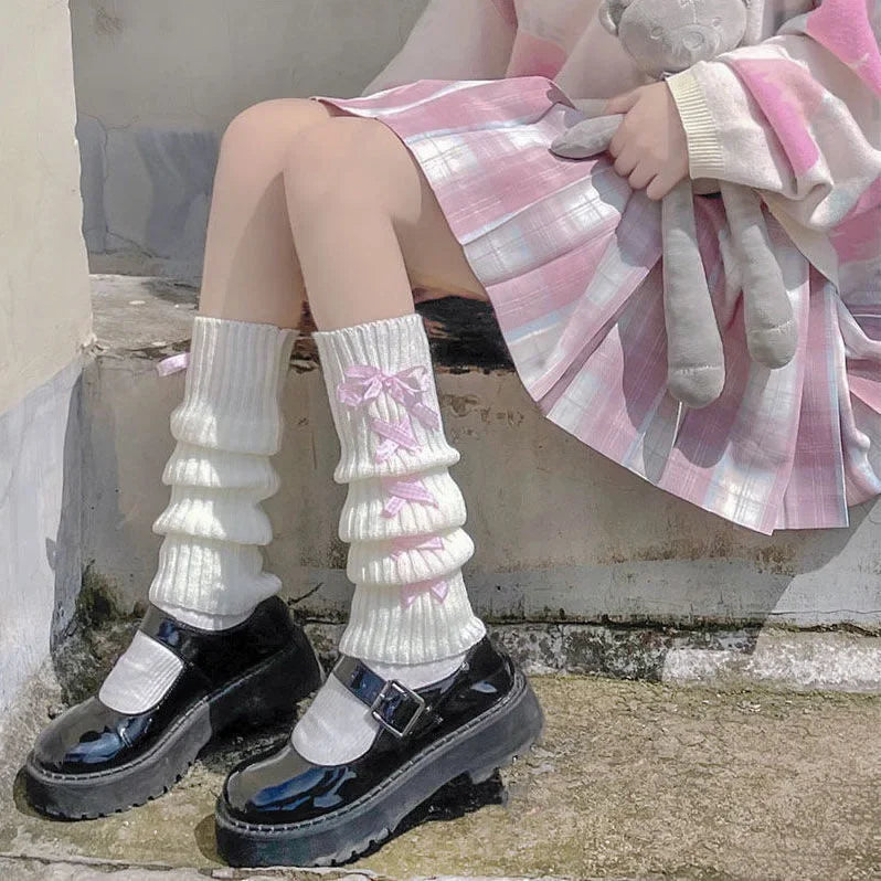 Lbsfy Lolita Leg Warmers Women Japanese Style Gothic Long Socks Ribbon Leggings Gaiters Knee Goth Sock Knitted Cuffs Ankle Warmer