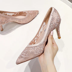 LBSFY  -  Mesh Breathable Women Wedding Shoes Summer New Pointed Thin High Middle Low Heel Lace Pink Wedding Shoes Women