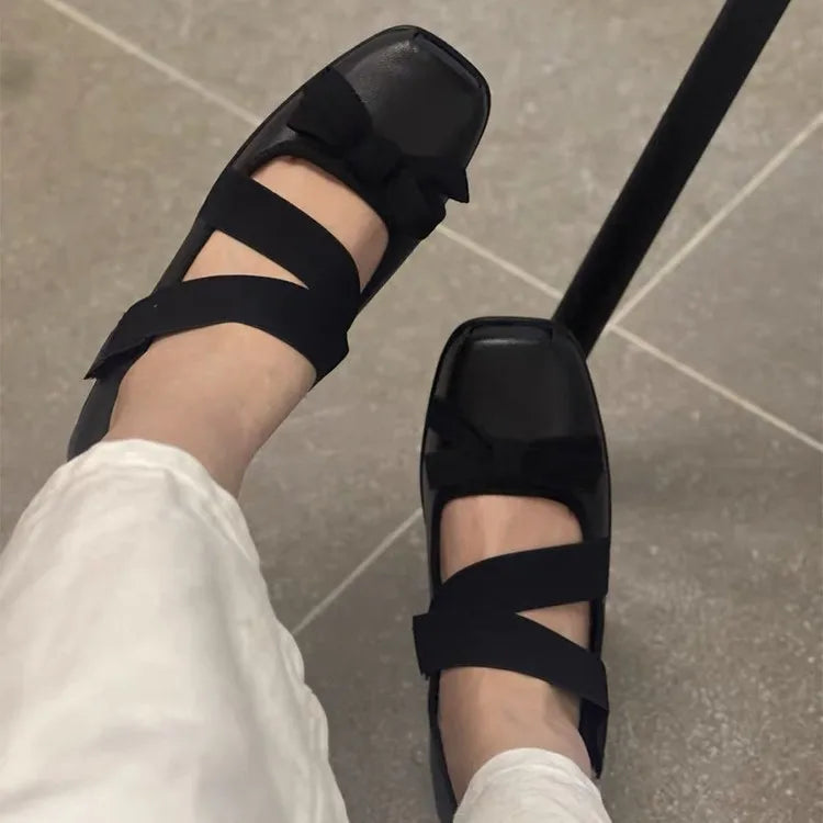 LBSFY  -  Square Bow Ballet Shoes for Women New Style with Thick Heel for Slimming Effect Cross Strap Flat Bottom, Mary Jane Single Shoes