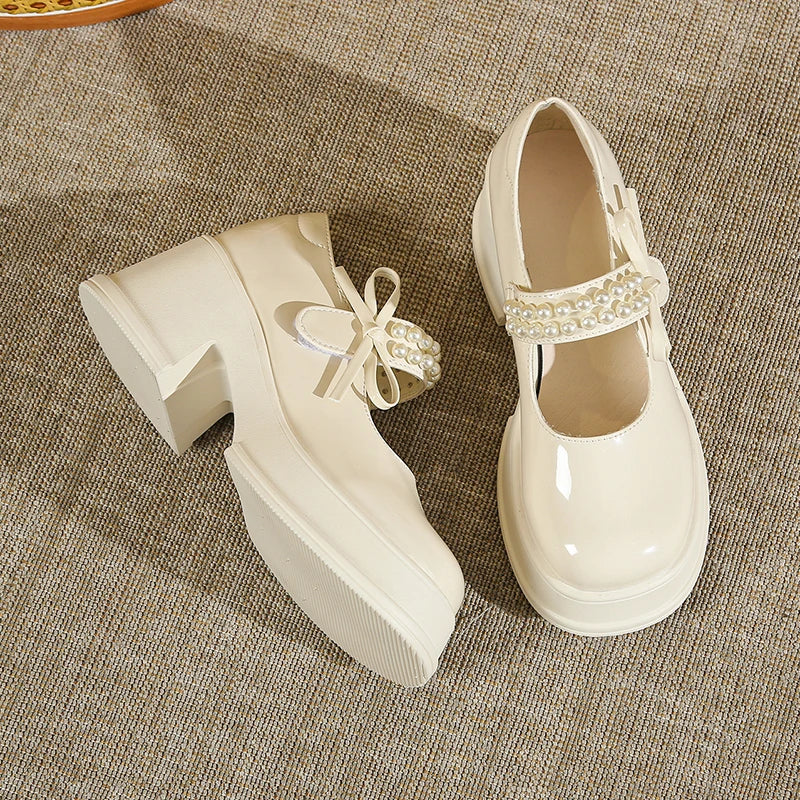 LBSFY -Vintage High Heels Mary Jane Shoes for Women 2025 Patent Leather Platform Pumps Woman Pearls Thick-Heeled Shoes Female