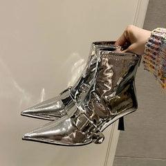 LBSFY -Design Sexy Pointed Toe Belt Buckle Women Ankle Boots Thin Heels Patent Leather Autumn Zipper Party Shoes