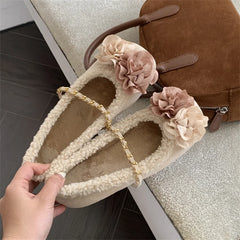 LBSFY  -   2025 New French Retro 3D Flower Flats Round Head Plush Inner Single Shoes Metal Chain Buckle Winter Ballet Shoes Mary Jane 35-39