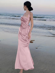 LBSFY -Sweet Pink Backless Womens Dresses Sexy Spaghetti Strap Sleeveless Wedding Evening Dress Elegant Gown Female Split Vestidos New