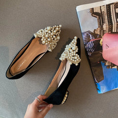 LBSFY -Black New Crown Pearl Flats Women Wedding Shoes Pointed Toe Female Dress Moccasins Low Pearl Heel Ladies Fashion Luxury Style 43