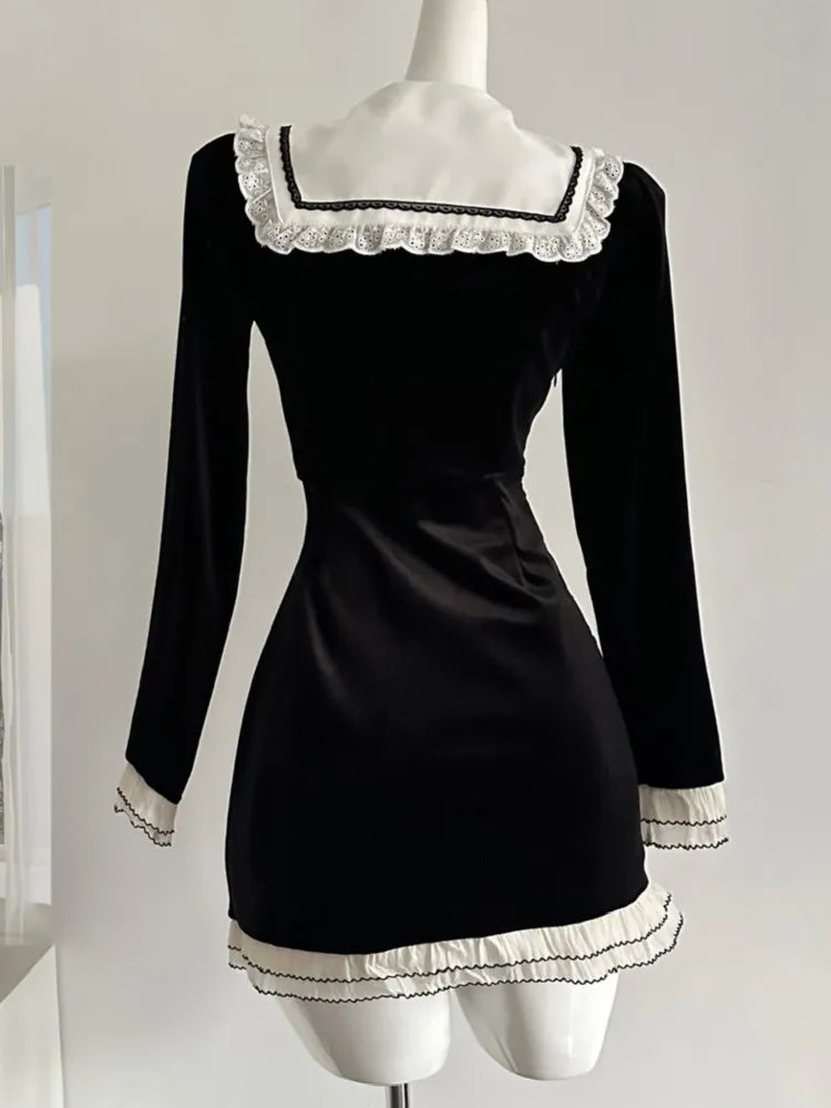 LBSFY -Y2K Sweet Velvet Womens Dresses French Patchwork Princess Flare Long Sleeves Birthday Party Mini Dress Female Short Vestidos New